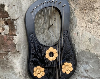 Handmade Rosewood 10 String Lyre Harp –Black and Gold Floral Carvings, Classical Musical Instrument (Bag and tunning key Included).