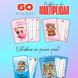 Puede incluir: Un conjunto de tarjetas de multiplicación con varias ilustraciones de dibujos animados. Las tarjetas presentan tablas de multiplicar y el texto "60 Diseños" y "Editables en Power Point". El fondo es un degradado de rosa y azul.