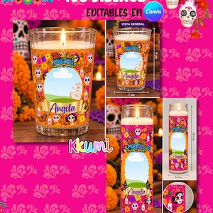 Puede incluir: Una colección de etiquetas editables para velas de Día de los Muertos con patrones coloridos de calaveras de azúcar, motivos florales y un marco central para personalizar. Las etiquetas se muestran en dos tamaños de vela, 7 cm por 9 cm y 5,5 cm por 14,5 cm.