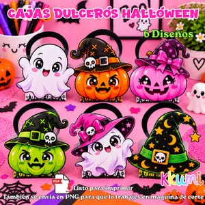 May include: Six Halloween treat boxes featuring cute, colorful cartoon designs of ghosts and pumpkins wearing witch hats. The boxes include illustrations of a white ghost, an orange pumpkin, a pink pumpkin, a green pumpkin, a ghost with a pink hat, and a black hat with stars. The text reads CAJAS DULCEROS HALLOWEEN, 6 Diseños, and Listo para imprimir.