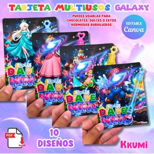 Puede incluir: Un conjunto de tarjetas multiusos con diseños coloridos, con personajes de dibujos animados y el texto "Feliz Dia del Nino". Las tarjetas tienen un tema de galaxia y están etiquetadas como "Editable Canva" y "10 Diseños".
