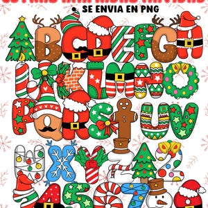 Puede incluir: Un conjunto colorido de letras y números con temática navideña. Cada letra y número está decorado con elementos festivos como gorros de Papá Noel, árboles de Navidad y bastones de caramelo. El texto "LETRAS ANIMADAS NAVIDAD" está en la parte superior.