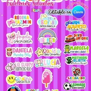 etiquetas escolares editable en canva de personajes contorno #2 | back to school