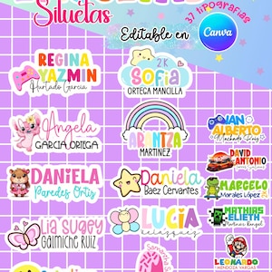 Pode incluir: Uma coleção de autocolantes coloridos com nomes com vários designs e fontes. Os autocolantes apresentam nomes como "Regina", "Sofia" e "Daniela", juntamente com personagens de desenhos animados, um smiley e um picolé. O fundo é uma grelha roxa.