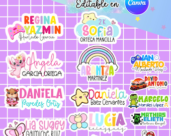Etiquetas escolares editáveis no Canva, contorno de personagem nº 2 | volta às aulas