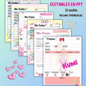 Puede incluir: Una colección de notas de pedido imprimibles en rosa y blanco con un diseño lindo. Las notas incluyen campos para la información del cliente, los detalles del producto y los totales. El texto en la imagen dice "NOTAS DE PEDIDOS EDITABLES EN PPT" y "20 diseños Incluye tipografias".