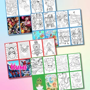 Op de afbeelding: Een verzameling kleurplaten met verschillende stripfiguren en thema's. De pagina's bevatten afbeeldingen van Spider-Man, SpongeBob SquarePants, dinosaurussen en anime-personages. Het woord "Kumi" is zichtbaar op een van de pagina's.