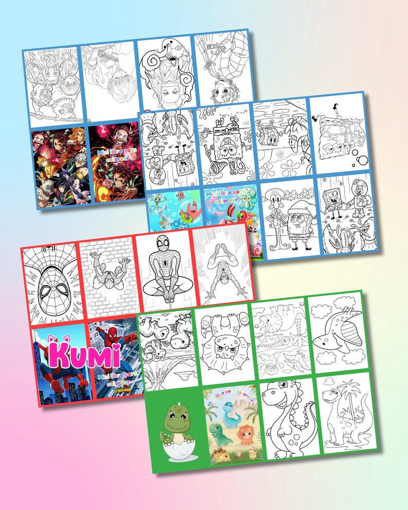 Op de afbeelding: Een verzameling kleurplaten met verschillende stripfiguren en thema's. De pagina's bevatten afbeeldingen van Spider-Man, SpongeBob SquarePants, dinosaurussen en anime-personages. Het woord "Kumi" is zichtbaar op een van de pagina's.