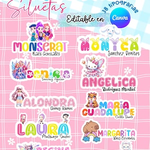 Op de afbeelding: Een verzameling kleurrijke naamstickers met diverse ontwerpen en lettertypen. Elke sticker bevat een naam, zoals "Montserrat" of "Angelica", en een decoratieve illustratie. De tekst "Editable en Canva" is ook aanwezig.