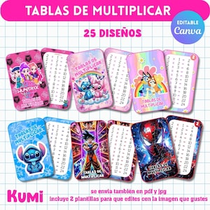 Könnte beinhalten: Eine Sammlung von Multiplikationskarten mit farbenfrohen Designs mit Cartoon-Charakteren und dem Text "TABLAS DE MULTIPLICAR". Die Karten zeigen Multiplikationstabellen von 2x1 bis 2x12. Das Bild enthält auch den Text "25 DISEÑOS" und "EDITABLE Canva".