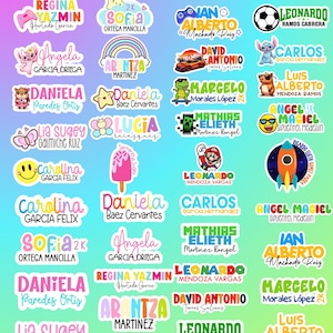 May include: A selection of colourful, die-cut stickers featuring names and decorative elements. The stickers showcase diverse designs, including cartoon characters, rainbows, and smiley faces. Text includes names and the word "Silueta".