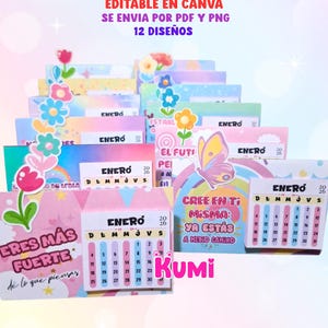 Puede incluir: Una colección de mini calendarios con diseños florales y de mariposas. Cada calendario presenta un diseño mensual con el mes de "Enero" y el año "2026". Los calendarios están decorados con gráficos coloridos y frases inspiradoras.