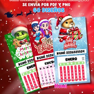 Könnte beinhalten: Drei farbenfrohe Mini-Kalender zum Thema Weihnachten. Jeder Kalender zeigt ein anderes Design: einen grünen Grinch, Anime-Charaktere und einen Hamster im Weihnachtsmann-Kostüm. Die Kalender zeigen den Monat Januar.