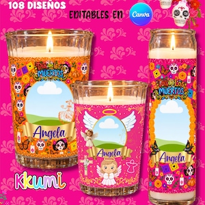 Puede incluir: Tres velas votivas de cristal con etiquetas personalizadas de temática Día de los Muertos, incluyendo calaveras de azúcar, cempasúchil y mariposas. Cada etiqueta muestra el nombre Angela y un marco ovalado central. Velas con llamas visibles.