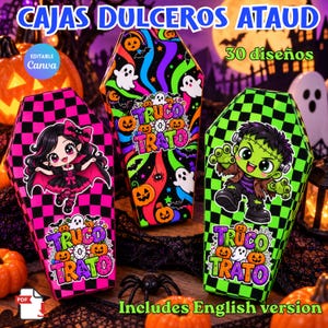 Puede incluir: Tres cajas con forma de ataúd con gráficos de Halloween. La caja izquierda tiene un patrón de cuadros rosas y negros con un personaje vampiro. La caja central tiene un patrón de remolinos coloridos con fantasmas y calabazas. La caja derecha tiene un patrón de cuadros verdes y negros con un personaje de Frankenstein. Todas las cajas incluyen el texto TRUCO O TRATO.