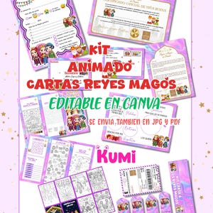 Op de afbeelding: Een verzameling printbare briefpapier- en activiteitenvellen met een paars en roze thema. De set bevat invulbrieven, certificaten, kleurplaten en labels. Tekst bevat "Queridos Reyes Magos", "Cartas Reyes Magos" en "Editable en Canva".