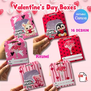 Puede incluir: Cajas de regalo de San Valentín rosas y rojas, con diseños de corazones y personajes. Las cajas tienen una ventana transparente e incluyen el texto "Happy Valentine's Day", "To" y "From". La imagen también incluye el texto "Editable Canva" y "16 Design".