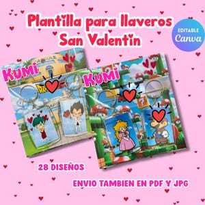 Plantilla Imprimible Llaveros San Valentín editable en Canva varios personajes