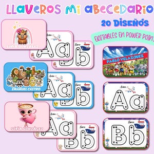 Puede incluir: Una colección de llaveros coloridos con el texto "Llaveros Mi Abecedario" y "20 Diseños". Los llaveros presentan varios diseños, incluyendo personajes de dibujos animados, nombres y el alfabeto. El texto "Editables en Power Point" también es visible.