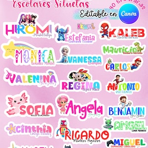 Etiquetas escolares kit #4 editable en canva silueta regreso a clases  | School Labels | Back to School Stickers