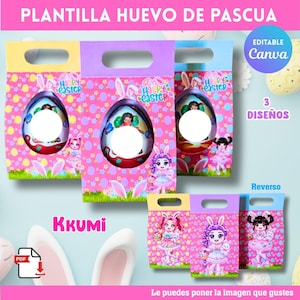 Op de afbeelding: Paasgeschenktassen met een handvat, met een groot eierontwerp met een cirkelvormige uitsparing. De tassen zijn roze met stripfiguren en de tekst "Happy Easter". De afbeelding bevat ook de tekst "Editable Canva" en "3 Diseños".