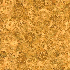 May include: A seamless pattern featuring a gold background with a repeating design of various abstract shapes and floral motifs. The pattern is reminiscent of batik fabric.
