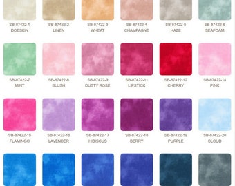 May include: A color chart with 27 different shades of blue, green, pink, red, orange, and purple. Each color is labeled with a code and a name, such as "Doeskin", "Linen", "Wheat", "Champagne", "Haze", "Seafoam", "Mint", "Blush", "Dusty Rose", "Lipstick", "Cherry", "Pink", "Flamingo", "Lavender", "Hibiscus", "Berry", "Purple", "Cloud", "Water", "Blue", "Pacific", "Paris Blue", "Evening", and "Grey".