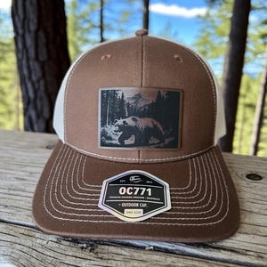 Bear in Forest Leatherette Patch Trucker Hat: Outdoor Adventure Cap, Richardson Cap