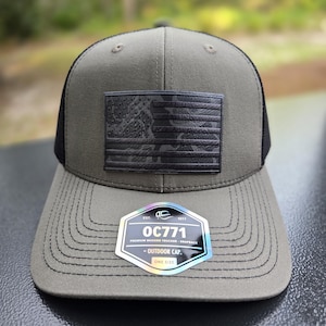 American Flag Hat, Black Storm Camo Leatherette Hat Patch, Patriotic Hat, Black Camo American Flag, Veteran Hat, Hunting Hat, Camo Hat