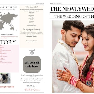 May include: A wedding newspaper-themed design with the headline "THE NEWLYWED TIMES" and a photo of a couple. The layout includes sections for guest travel, family details, and a space to add a QR code.
