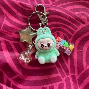 Labubu Inspired Keychain: Green Glow Star Charm, Colorful Accents