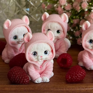 Può includere: Diverse statuette di gatti bianchi che indossano giacche con cappuccio rosa con orecchie abbinate. I gatti hanno grandi occhi blu e sono circondati da lamponi rossi. Le statuette sono su un vassoio di legno.