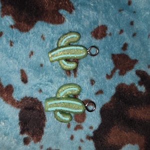 May include: Two green cactus-shaped charms with light blue stripes and silver-colored jump rings. The charms are on a blue and brown patterned background.