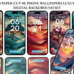 May include: A collection of smartphones displaying 3D paper-cut style digital wallpapers. The wallpapers feature landscape designs with trees, mountains, and clouds in various color palettes. The time and date are displayed on the screens.