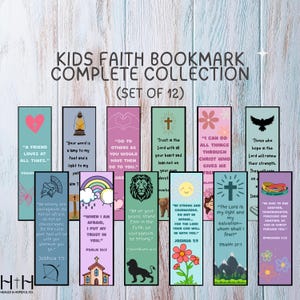 Könnte beinhalten: Ein Set von 12 farbenfrohen Kids Faith Lesezeichen mit inspirierenden Zitaten und Bibelversen. Jedes Lesezeichen zeigt einzigartige Designs, darunter Herzen, Kreuze, Blumen und Tiere, mit Texten wie "Sei stark und mutig".
