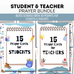 Op de afbeelding: Een Student & Teacher Prayer Bundle met 30 gebeden. De afbeelding toont 15 gebedskaarten voor studenten en 15 voor leraren. De kaarten hebben een lichtblauwe rasterachtergrond en zijn versierd met schoolthema-illustraties.