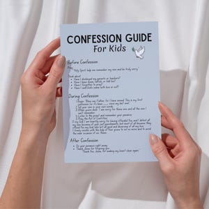 May include: A light blue rectangular card titled Confession Guide For Kids with black text and a small white dove illustration. The card outlines steps for before, during, and after confession, including prayers and reflection questions for children.