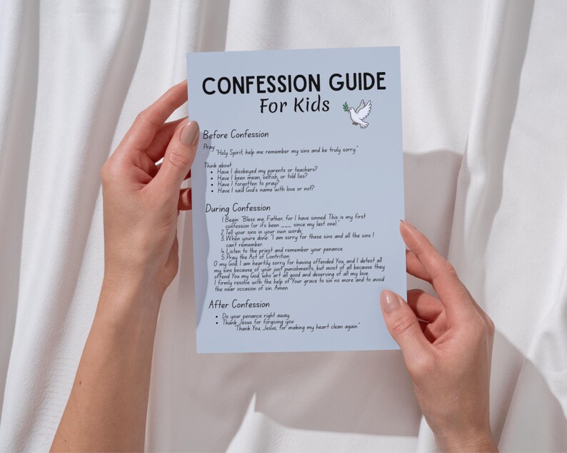 May include: A light blue rectangular card titled Confession Guide For Kids with black text and a small white dove illustration. The card outlines steps for before, during, and after confession, including prayers and reflection questions for children.