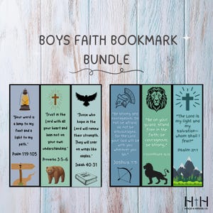 May include: A bundle of faith-themed bookmarks for boys. Each bookmark features a different design, including a cross, a bear, an eagle, a lion, and a mountain scene, with inspirational quotes from the Bible. The bookmarks are on a light wood background.