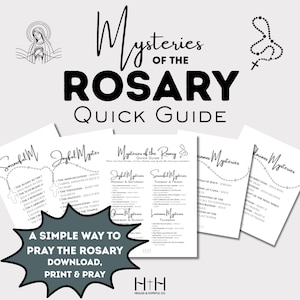 Puede incluir: Una guía rápida de los Misterios del Rosario. La imagen presenta un diseño en blanco y negro con las palabras "Mysteries of the Rosary Quick Guide". La guía incluye una forma sencilla de rezar el rosario, descargar, imprimir y rezar.