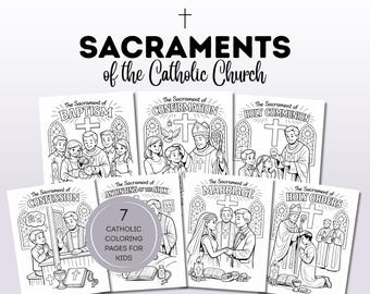 Páginas para colorear de los siete sacramentos de la Iglesia Católica para niños / Hojas de trabajo sobre religión católica