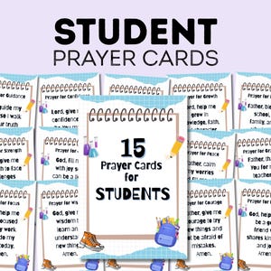May include: A set of 15 prayer cards for students, with prayers for different aspects of school life. The cards feature illustrations of school items and inspirational messages. The text on the cards is easy to read.