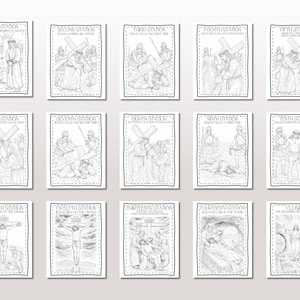 Puede incluir: Una colecci&oacute;n de quince ilustraciones en blanco y negro que representan las Estaciones del V&iacute;a Crucis. Cada imagen est&aacute; enmarcada con un borde punteado e incluye texto que describe cada estaci&oacute;n. Las ilustraciones son detalladas y de tem&aacute;tica religiosa.