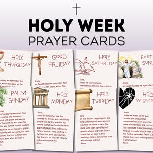 May include: A set of Holy Week prayer cards with illustrations and text. The cards feature images of religious symbols and scenes, including a cross, a chalice, and Jesus. The text includes prayers for each day of Holy Week.