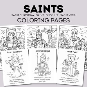 Könnte beinhalten: Schwarz-Weiß-Malvorlagen mit den Heiligen Christina, Longinus und Yves. Der Text "SAINTS COLORING PAGES" ist sichtbar. Jede Seite enthält eine detaillierte Illustration des Heiligen mit Text, der ihr Leben beschreibt.