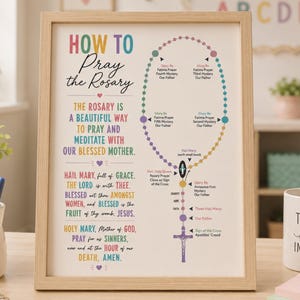 May include: A framed instructional print titled How to Pray the Rosary, featuring colourful text and a diagram of a rosary with beads in various hues. The design includes the Hail Mary prayer and step-by-step guidance for meditation.