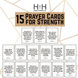 Peut inclure: Un ensemble de 15 cartes de prière pour la force, avec des prières variées sur chaque carte. Les cartes sont blanches avec du texte noir et une croix. Le texte "15 Cartes de prière pour la force" est en haut.