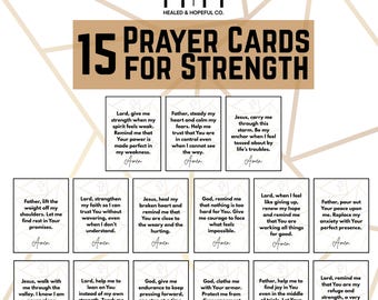 Puede incluir: Un conjunto de 15 tarjetas de oración para la fuerza, con varias oraciones en cada tarjeta. Las tarjetas tienen un fondo blanco con texto negro y una cruz. En la parte superior de las tarjetas se lee "15 Tarjetas de Oración para la Fuerza".