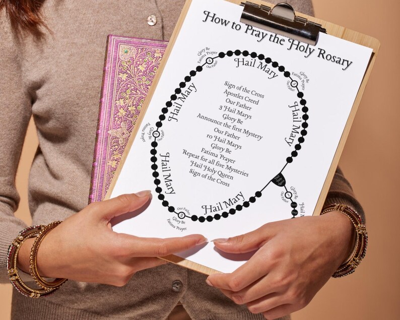 May include: A wooden clipboard holding a white instructional sheet titled How to Pray the Holy Rosary. The paper features a black circular diagram of rosary beads with text labels for prayers, including Hail Mary, Our Father, and Glory Be.
