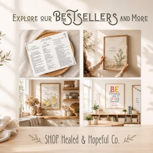 May include: A collage of four images featuring religious-themed wall art and a printed prayer card. The text reads Explore our BESTSELLERS and More, and SHOP Healed & Hopeful Co. The images display framed prints with botanical and colorful typography.